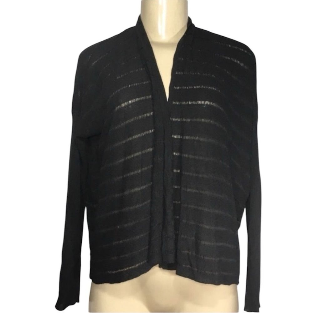 Eileen Fisher Linear Viscose Melange Boxy Cardigan Women XS Black Sheer Stripe